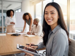 Smiling asian businesswoman holding digital tablet while diverse team meets in office boardroom