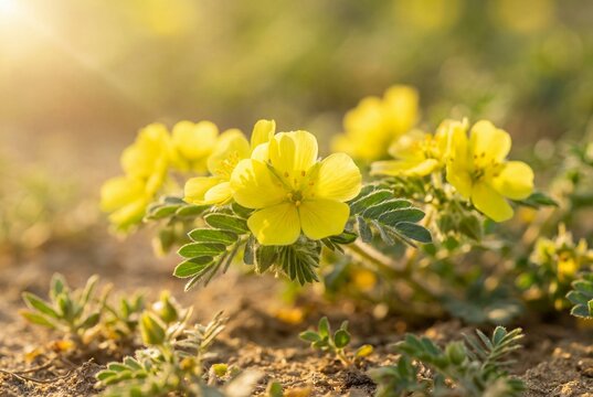 Closeup of yellow tribulus terrestris flowers blooming on dry ground under warm sunlight in nature