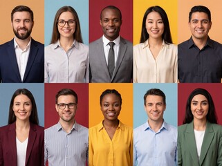Diverse group of business people headshots arranged in collage on colorful solid backgrounds