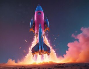 Obraz premium Vibrant pink and blue rocket ship blasting off with orange flames and steam , spaceship, fire