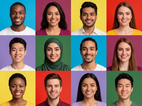 Diverse group of smiling young adults headshots arranged in colorful grid collage for community