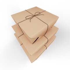 Kraft paper gift box tied with string, isolated on white background. 3D Illustration. File with Clipping Path.