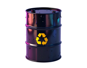 Gleaming black barrel with recycling symbol, dripping liquid, dark background
