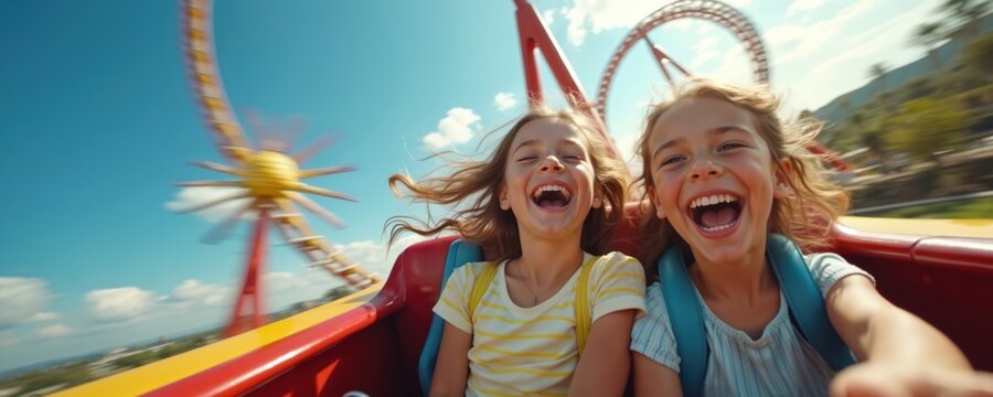 Two young girls scream and laugh with pure joy on a fast roller coaster ride. Their hair flies in the wind as they experience extreme thrill and excitement on a sunny day.