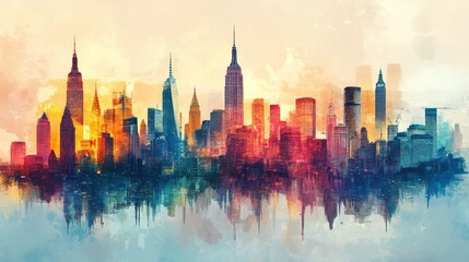 Obraz premium Vibrant watercolor cityscape skyline with skyscrapers reflecting in water.