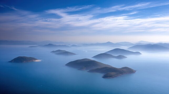 Archipelago of small islands blurred against a soft blue sky with wispy clouds