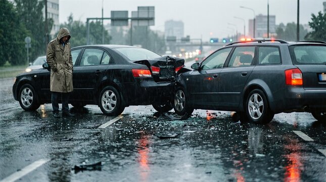 Man in raincoat standing next to a severe car accident on a rainy street. Rear end collision between two cars during bad weather leading to damage.