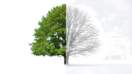 Tree is shown in two different stages of growth, one with green leaves. isolated illustration on transparent background