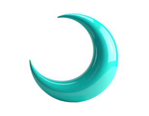 Glossy, turquoise crescent moon shape floating against black background