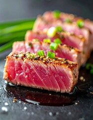 Sliced, seared, and seasoned seafood, garnished with fresh green herbs