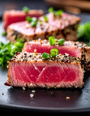 Sliced, seared tuna with sesame seeds, herbs, on a dark plate