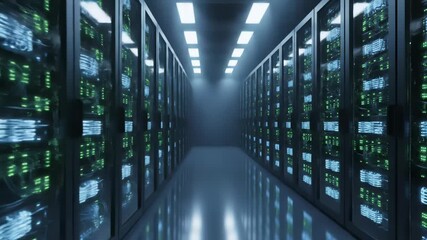 A close-up view of multiple server racks in a dark room. Rows of blinking green and vibrant blue lights illuminate the equipment, highlighting intricate cabling and processing units.