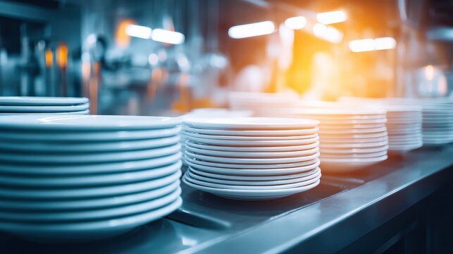 A stack of clean white plates in a modern kitchen, illuminated by warm light, highlighting the culinary environment.
