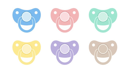Colorful pacifiers isolated on white background for infant care concepts