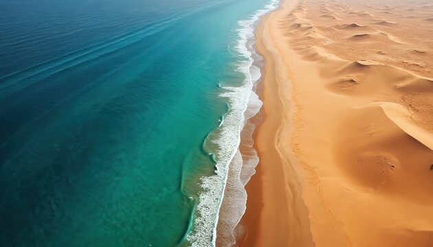 Aerial view of desert sand dunes meeting turquoise ocean water. Sandy beach curves along coastline. Waves wash ashore on landform edge. Sunny day over sea.