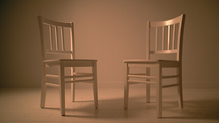 Two white wooden chairs in empty room with warm lighting
