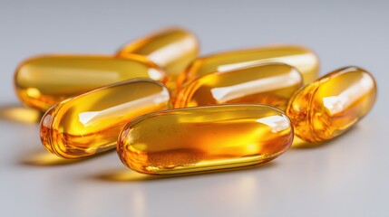 A close-up view of several translucent golden capsules, likely containing health supplements or vitamins, arranged on a light surface.
