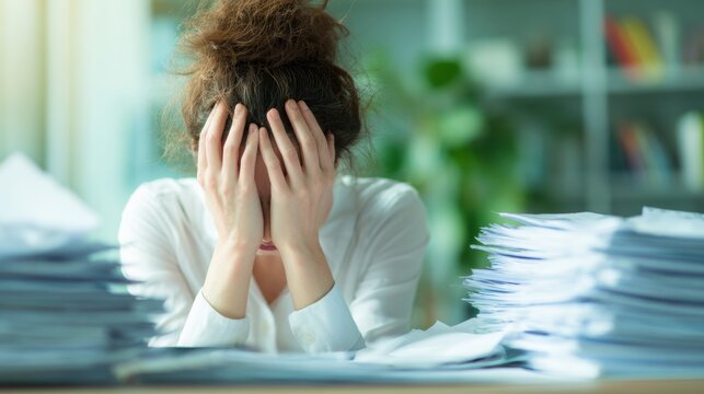 Woman stressed with paperwork at a desk during daytime in an office