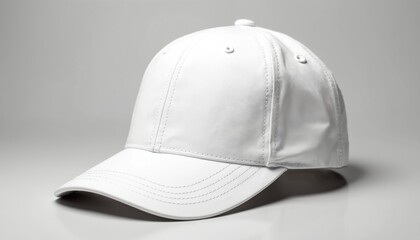 Fototapeta premium Plain white baseball cap on gray background. Ideal for branding, design mockups, and fashion displays. Shows headwear, accessory, and apparel.