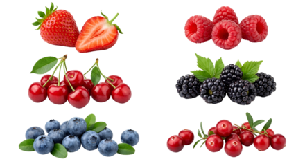 Assortment of fresh vibrant red, blue, and black berries: strawberries, raspberries, blackberries, cherries, blueberries, and cranberries, ripe and juicy for healthy eating, isolated on transparent ba