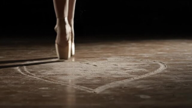 A ballerina stands on her toes in a dramatic pose on a wooden stage with a spotlight shining down.