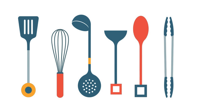 Illustrated kitchen utensils set against white background vector design