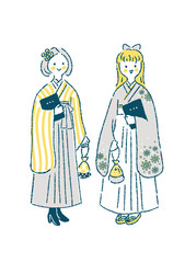 卒業証書を持って羽織袴姿で立つ二人の若い女性のイラスト