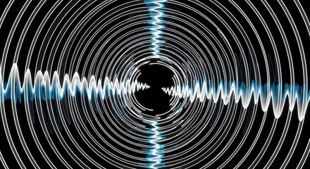 Concentric illuminated rings radiate outwards across a dark background intersected by a vibrant energy waveform