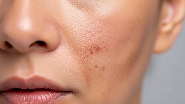 A close-up of a woman's face with acne and skin imperfections