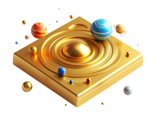 Stylized, golden space exploration, planets orbiting a central sun