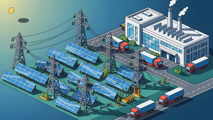 3D isometric illustration of a modern sustainable solar power plant farm generating clean renewable energy with photovoltaic panels for green electricity production and ecological storage.