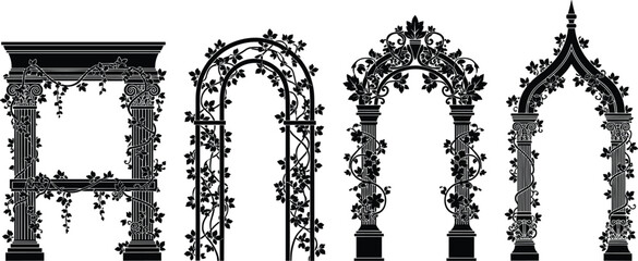 Black silhouette set of elegant garden arches and classic architectural columns covered in climbing ivy vines for outdoor landscape garden and wedding decor concepts © MstRostama