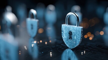 A close-up view of digital locks symbolizing cybersecurity, with a blurred background of other locks, highlighting themes of protection and technology.