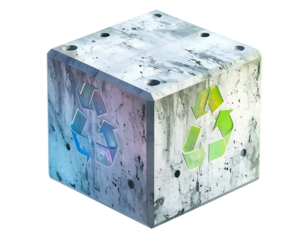 Concrete cube, multiple colored recycling symbols, environmental theme