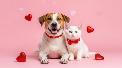 A cheerful jack russell dog and a white cat wearing red bow ties pose together in a bright, loving studio shot against a pink background decorated with hearts.
