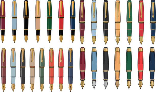 Collection of luxury fountain pens in various colors with gold nibs for classic writing, calligraphy, education, and professional stationery