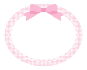 リボンがついたかわいいハートのレースフレームのベクターイラスト。飾り、ギンガムチェック、ピンク