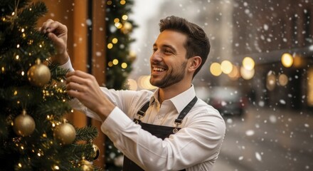 Cheerful young man decorates an outdoor evergreen with golden ornaments during a snowfall
