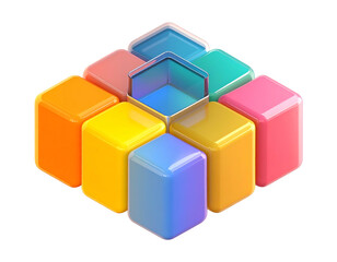 Fototapeta premium Geometric arrangement of colorful, 3D cubes surrounding a central hexagon
