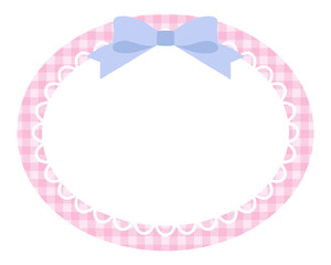 リボンがついたかわいいハートのレースフレームのベクターイラスト。飾り、ギンガムチェック、ピンク