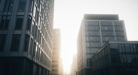 Modern office buildings rise dramatically into bright, hazy sky