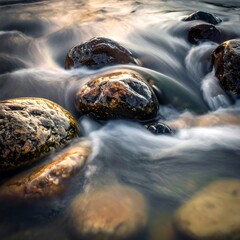 Soft flowing water cascades over smooth, colorful river rocks