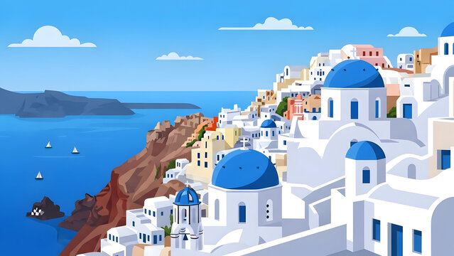 the iconic Santorini cityscape featuring white building with blue dome perched on cliff overlooking Aegean sea under clear sky.
