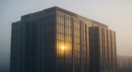 Modern glass skyscraper stands tall within thick atmospheric haze during sunrise