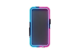 highly detailed 3d render of a floating vertical banner ui element with rounded corners, lit by vibrant electric blue and magenta neon against a transparent background. concept for digital interface