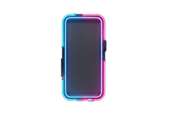 highly detailed 3d render of a floating vertical banner ui element with rounded corners, lit by vibrant electric blue and magenta neon against a transparent background. concept for digital interface