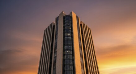 Modern highrise building ascends into a dramatic twilight sky featuring orange and purple tones.