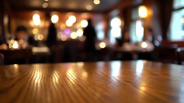 Close up of a polished wooden pub table with a shallow depth of field, showing patrons and warm, glowing lights blurred in the background, suggesting a comfortable gathering place.