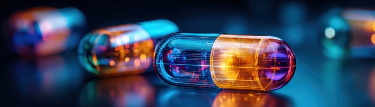 A vibrant close-up of colorful capsules, showcasing a futuristic design with glowing elements against a dark background.