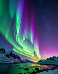 Spectacular celestial display of aurora borealis above mountain landscape